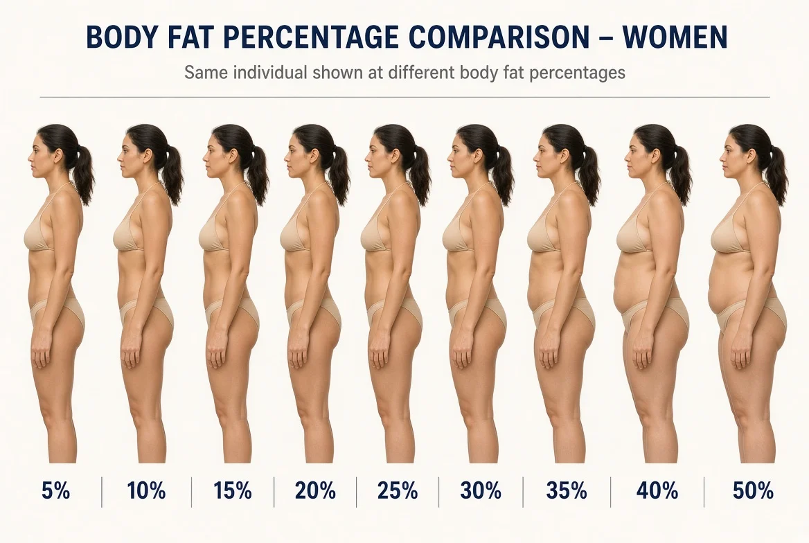 AI-generated example of a typical online body fat percentage comparison chart, showing the same illustrated woman at 5% through 50% body fat in identical lighting and pose