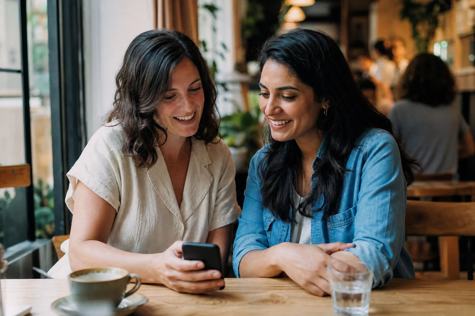 Two friends laughing at an AI result on a phone